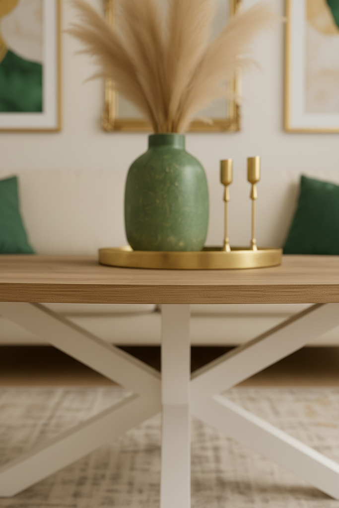 MESA CENTRO STACY OVAL TAPA ROBLE PATAS BLANCA