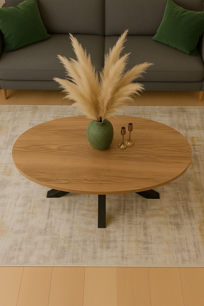 MESA CENTRO STACY OVAL TAPA ROBLE PATAS NEGRAS