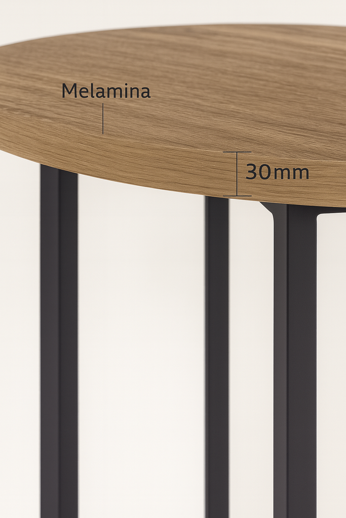 MESA CLEVELAND 2 TAPA REDONDA MELAMINA ASERRADA PATAS METAL.