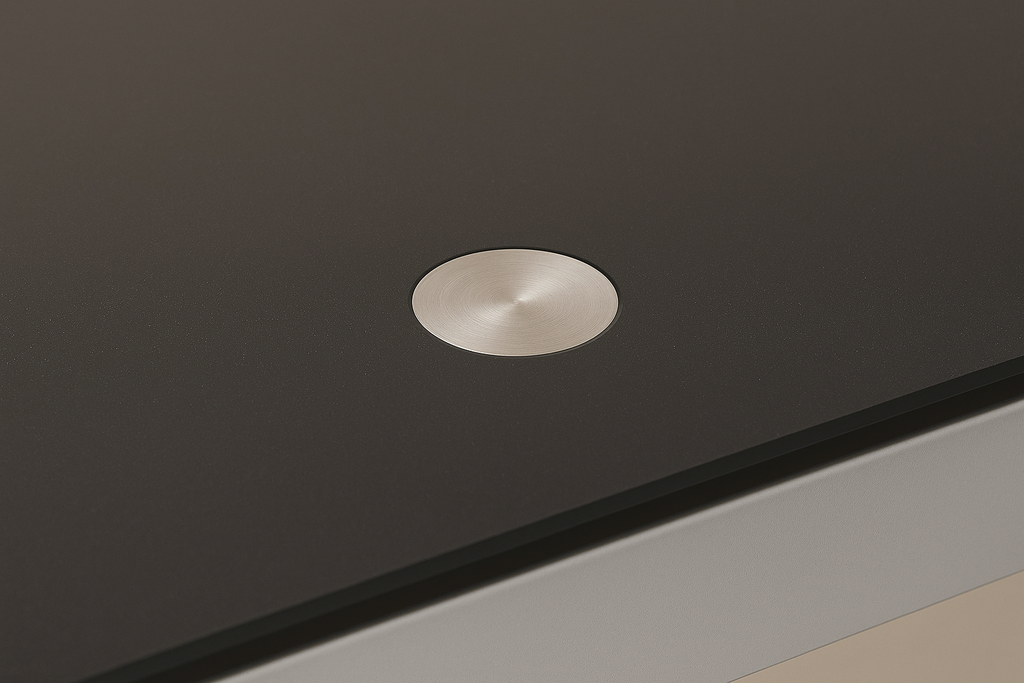 DETALLE TAPA MESA BISBE EXTENSIBLE NEGRA CHASIS GRIS