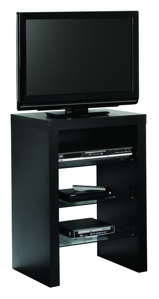 MESA TV/HIFI MAX.24" ATAMBORADA NEGRA C/3 ESTAN. CRISTAL 800x550x395mm
