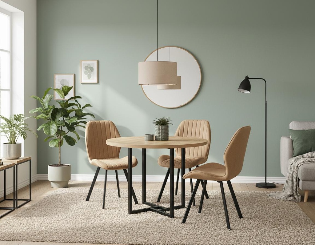 MESA CLEVELAND 2 TAPA REDONDA MELAMINA ROBLE ASERRADO PATAS METAL