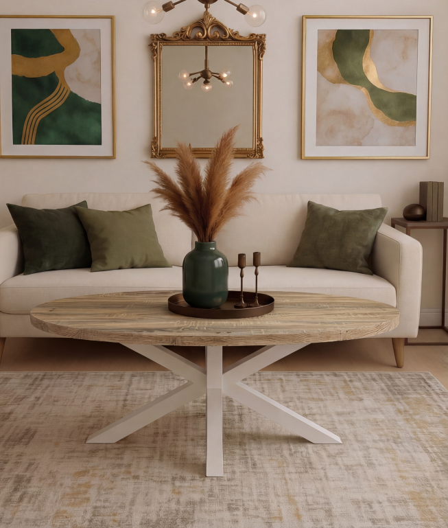 MESA CENTRO STACY OVAL TAPA ROBLE ASERRADO PATAS BLANCA