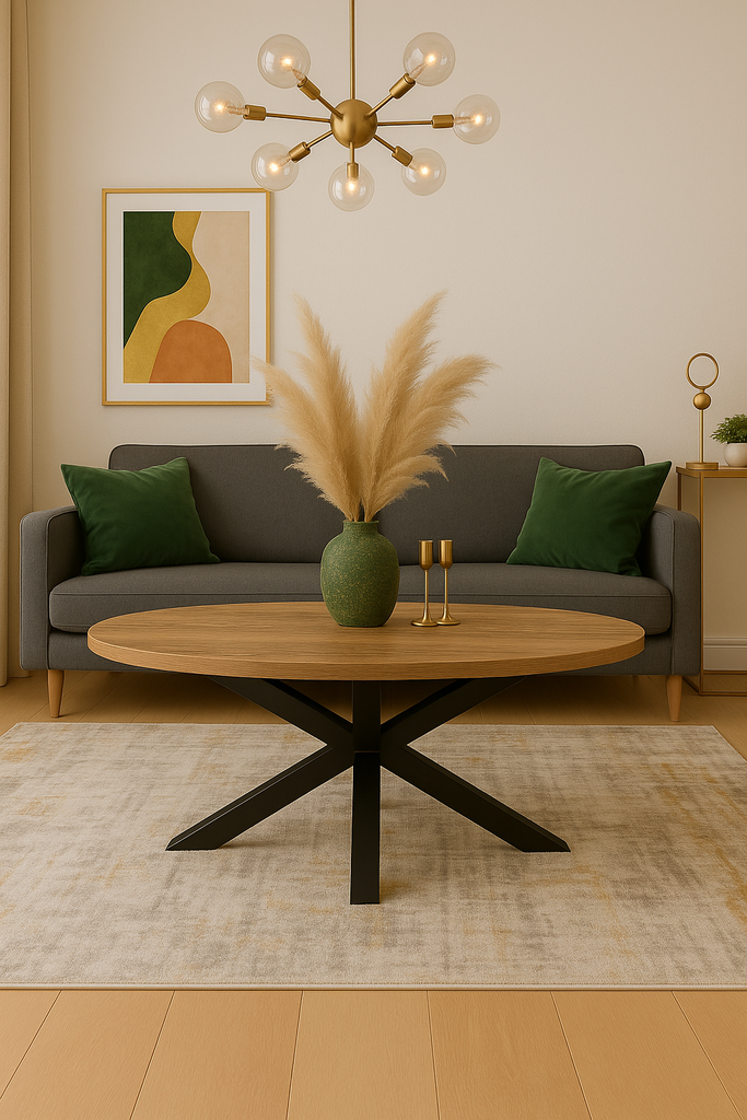 MESA CENTRO STACY OVAL TAPA ROBLE PATAS NEGRAS