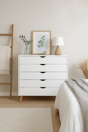 [H581-B] CÓMODA FIANO BLANCA 5 CAJONES