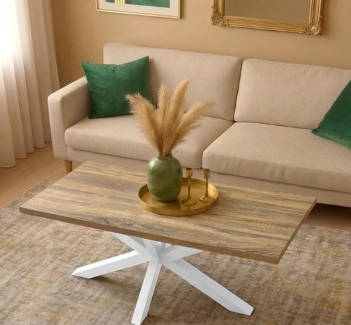 [HF321-B] MESA CENTRO STACY RECTANGULAR TAPA ROBLE ASERRADO PATAS BLANCAS